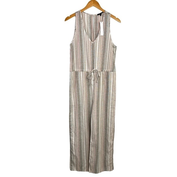 DREW Women Striped Linen Blend Jumpsuit Sz Small Brown Tan Sleeveless Drawstring - Picture 1 of 10